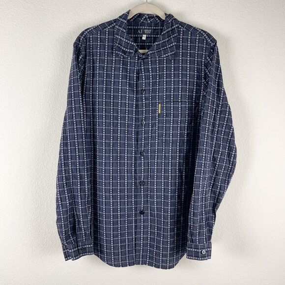 Armani Jeans Shirt Mens XL Blue Embroidered Button Up Pattern Tribal Aztec Italy - Picture 1 of 13
